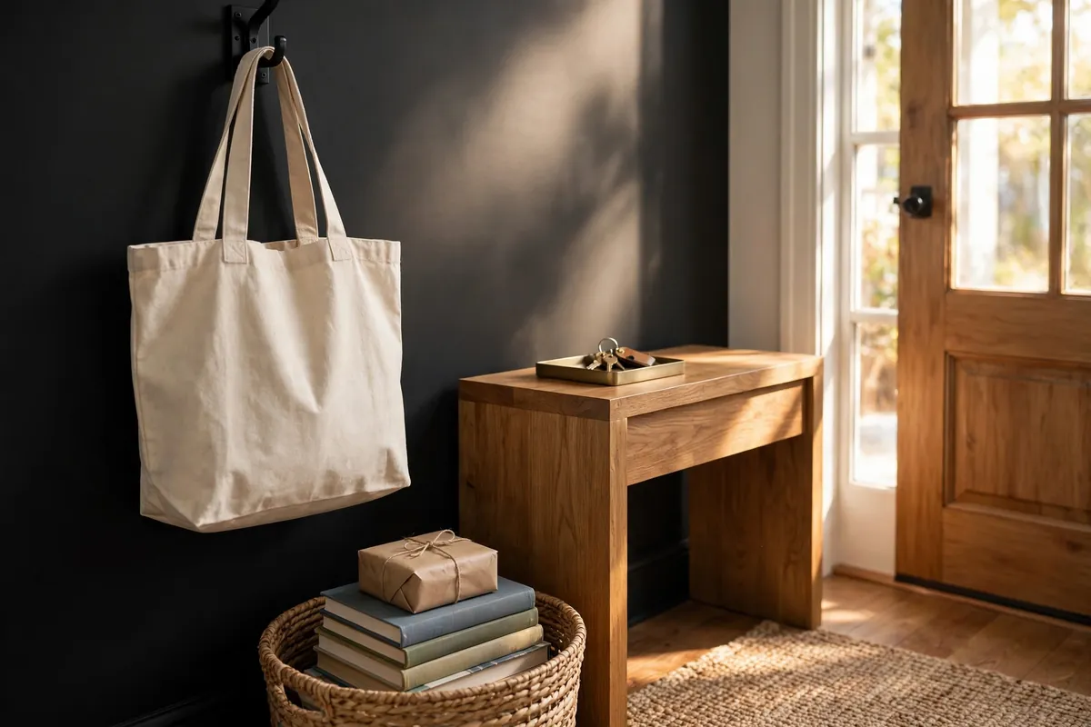Canvas tote bag hanging on a black wall hook near a front door, with a woven basket below holding a parcel and library books ready to leave the house.