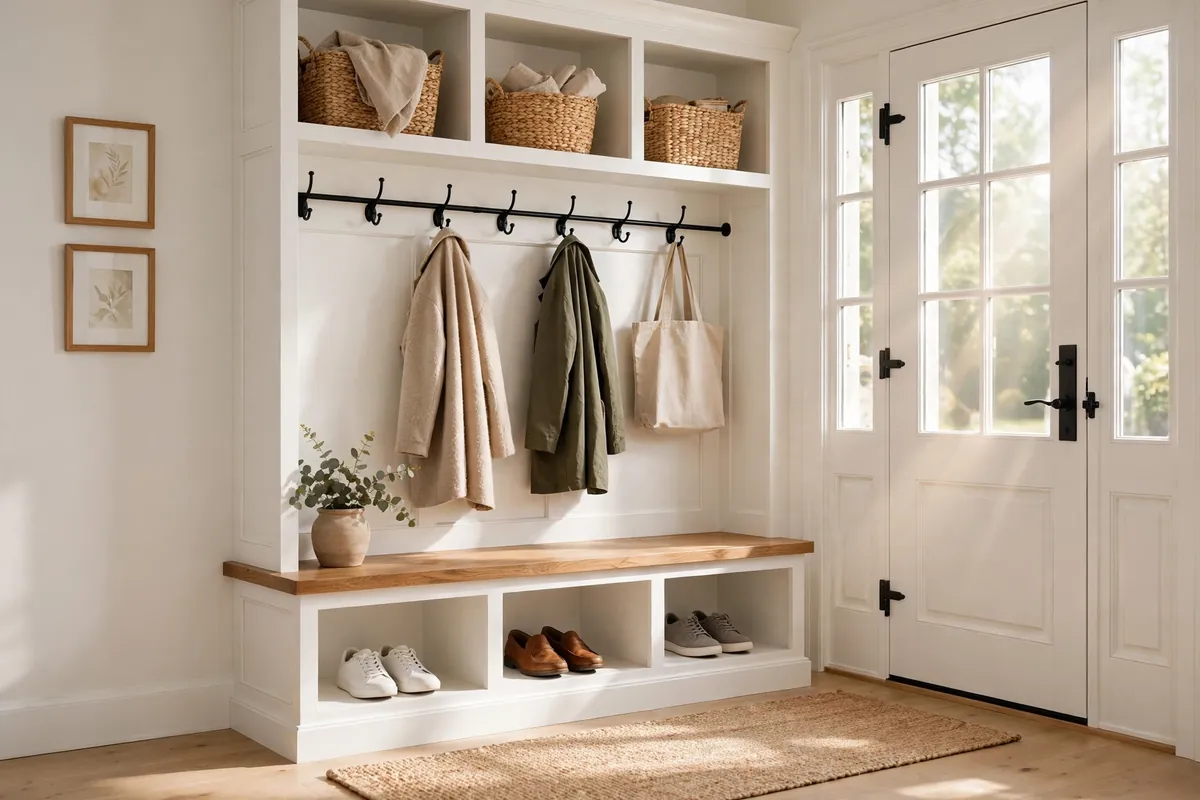 Bright sunlit entryway drop zone with white built-in bench and shoe cubbies, black wall hooks holding coats and a tote bag, overhead cubbies with woven seagrass baskets and a jute runner rug