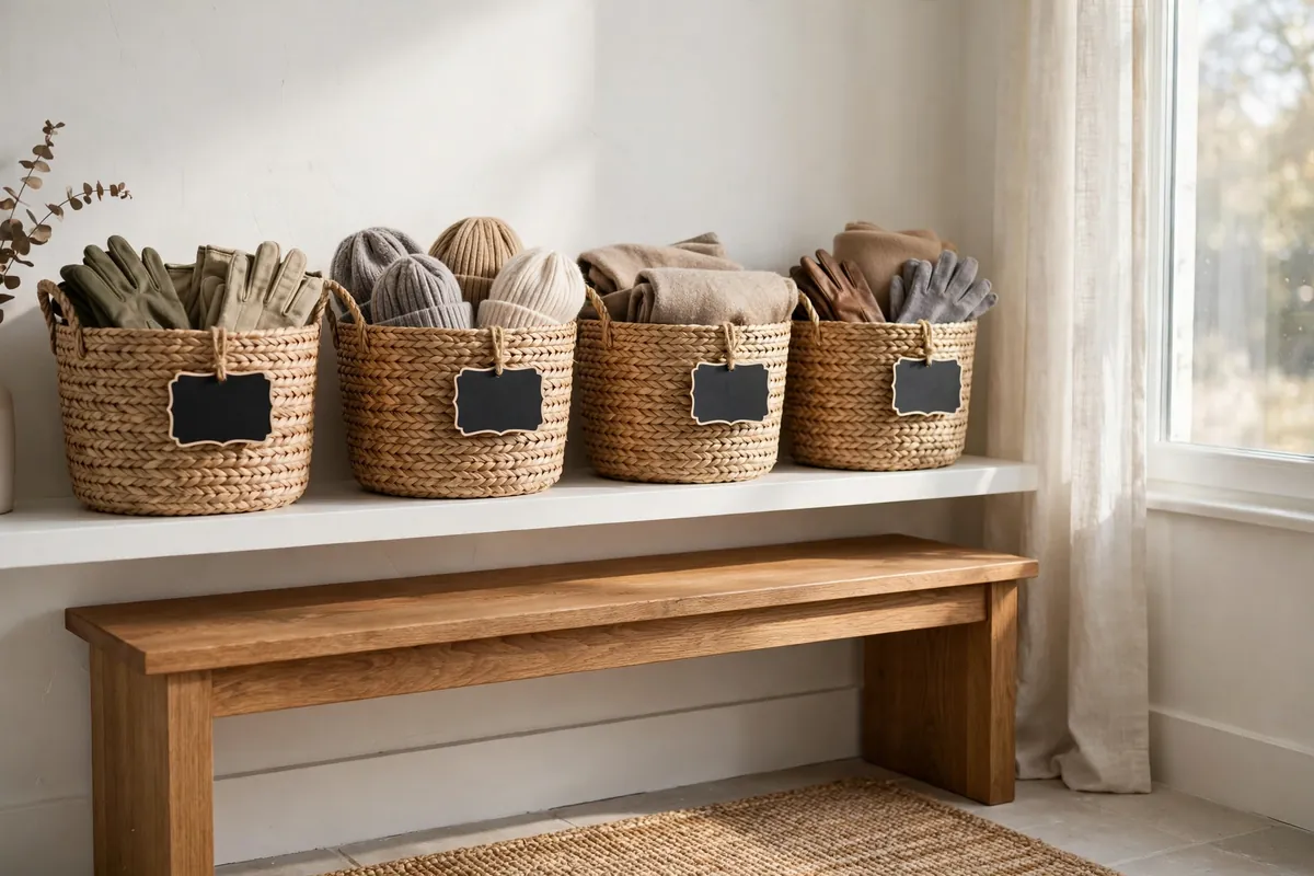 White entryway shelf with four identical woven seagrass baskets carrying blank tags, filled with gloves, hats and scarves, above an oak bench.