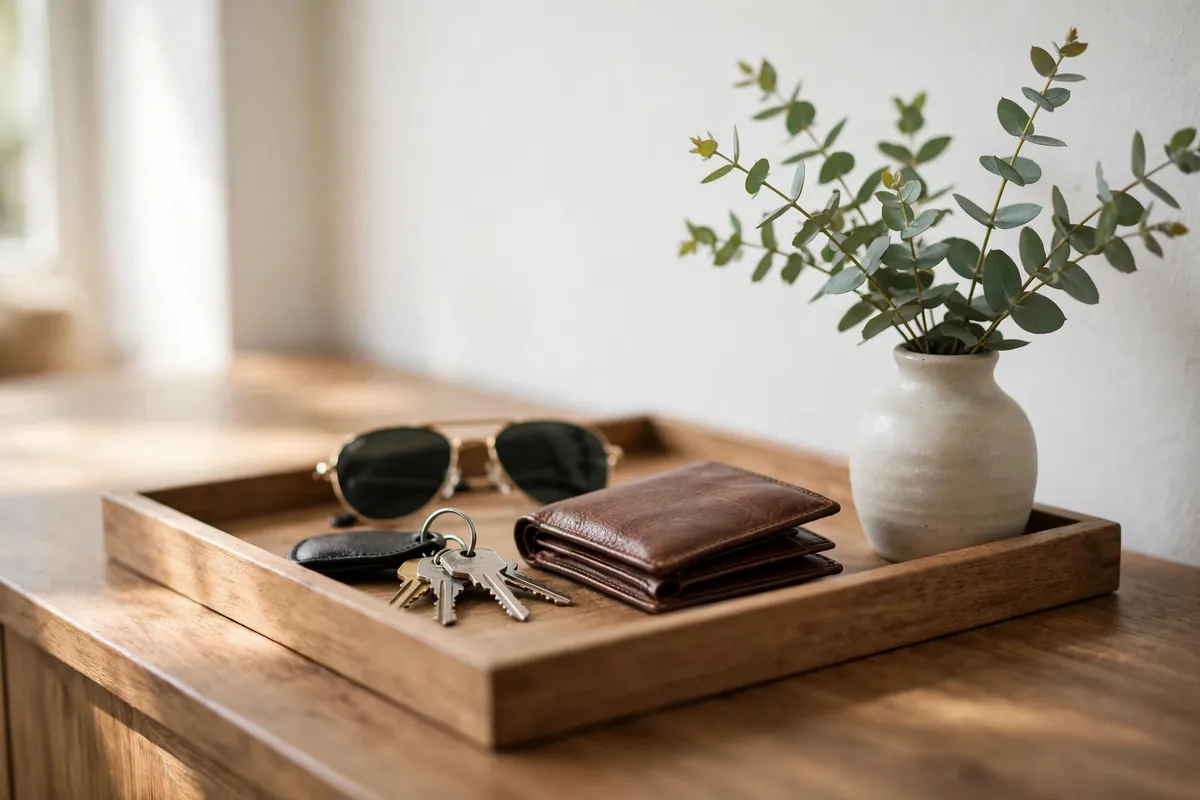 Wooden landing tray on an entryway console table holding keys, a leather wallet and sunglasses, beside a small vase of eucalyptus in soft natural light.
