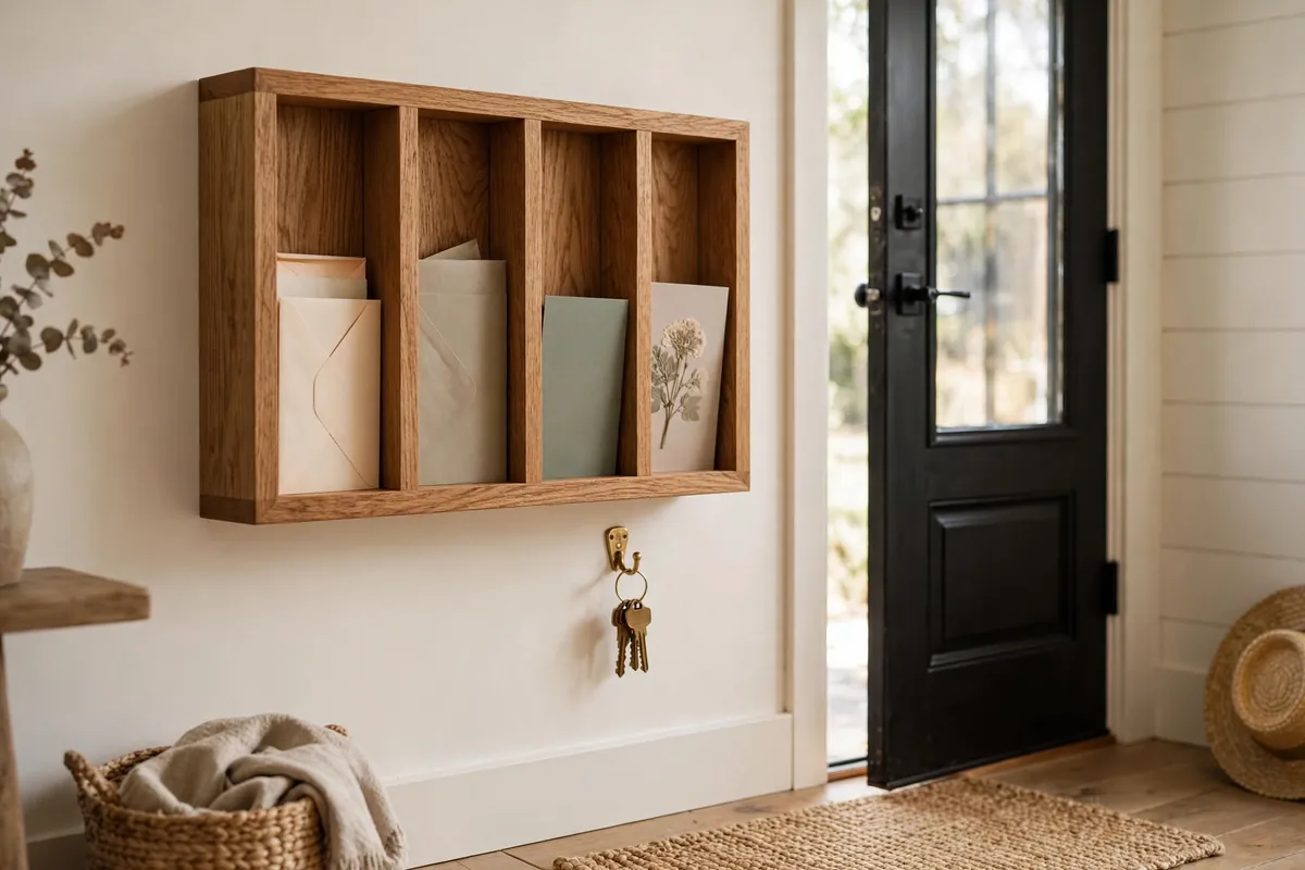 Wall-mounted wooden mail sorter with slotted compartments for envelopes and postcards beside a front door, with a small brass key hook below.