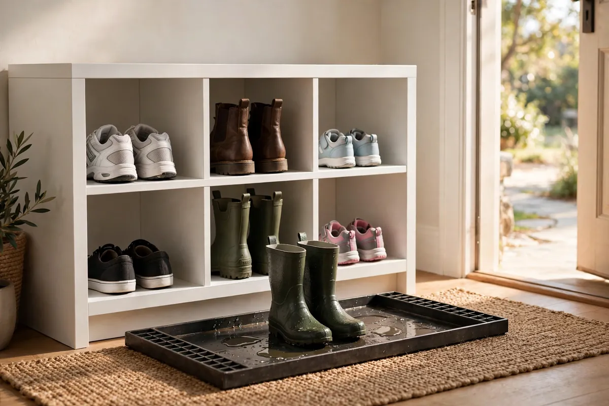 Low white shoe storage unit with six open cubbies each holding one pair of shoes, with a dark metal boot tray on the floor in front holding rain boots.