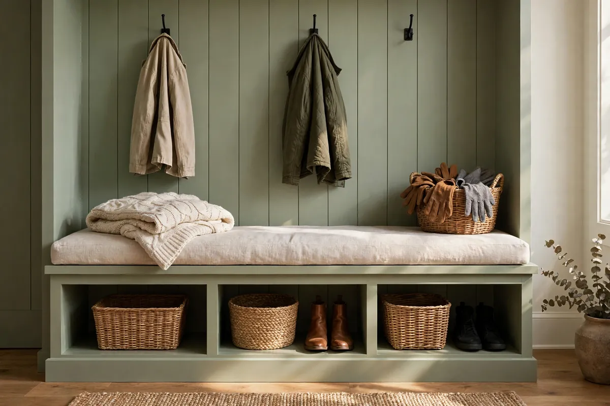 Sage-green storage bench with a linen lift-up seat, open cubbies below holding woven baskets and shoes, a folded throw and wall hooks with jackets above.