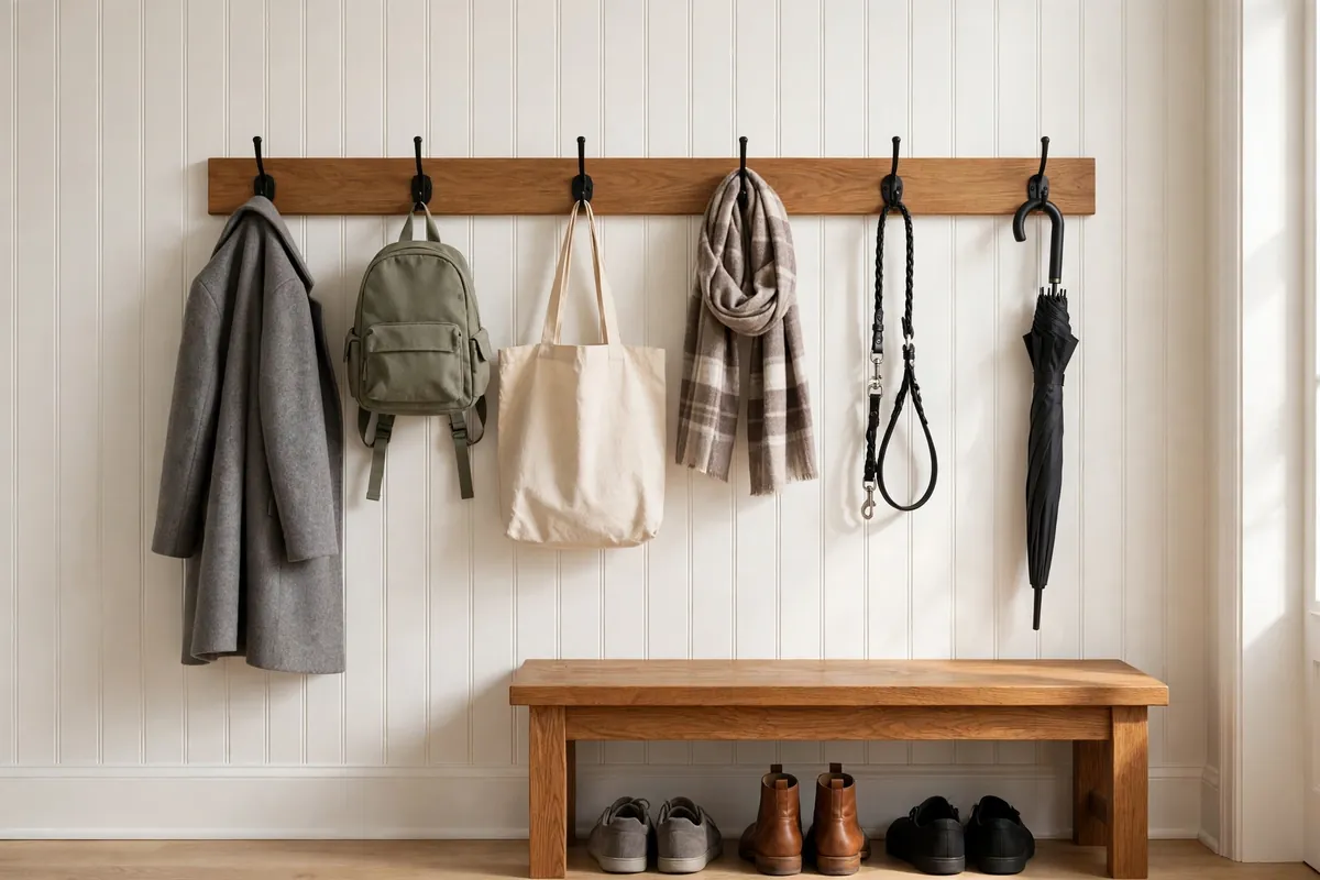 Wooden rail with six black double hooks holding a coat, backpack, canvas tote, scarf, dog lead and umbrella above an oak bench with shoes underneath.