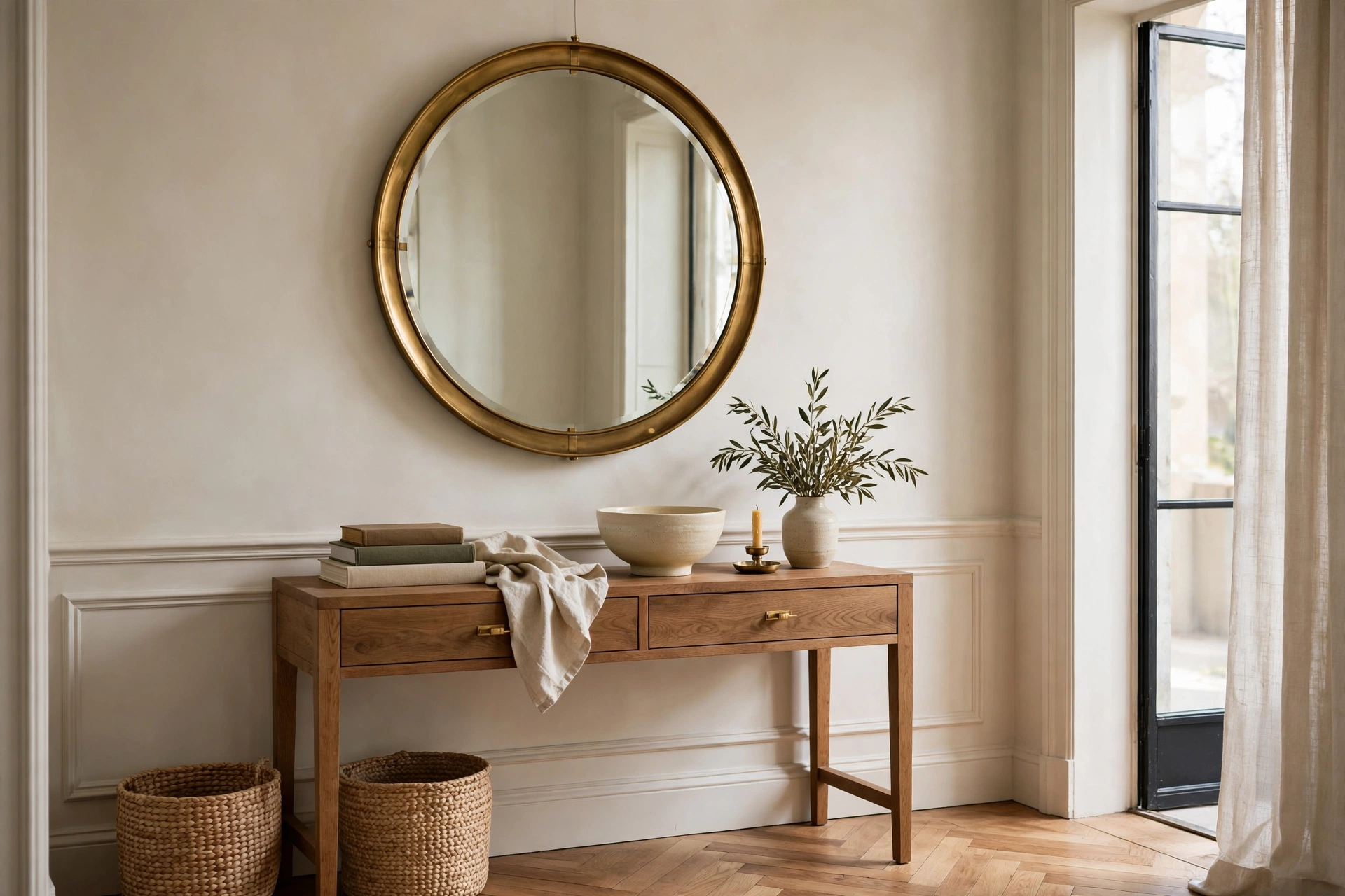 Elegant entryway with a large round brass statement mirror above a wooden console table