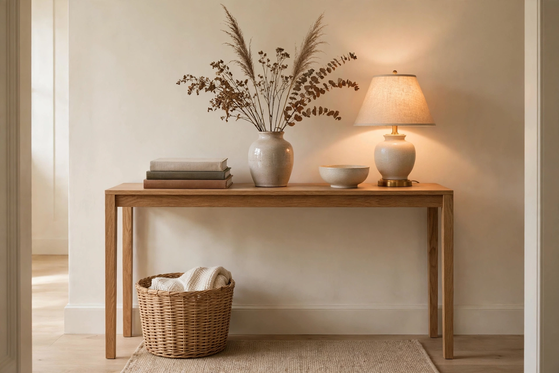 Styled entryway console table with stacked coffee table books, ceramic vase with dried stems and a small bowl