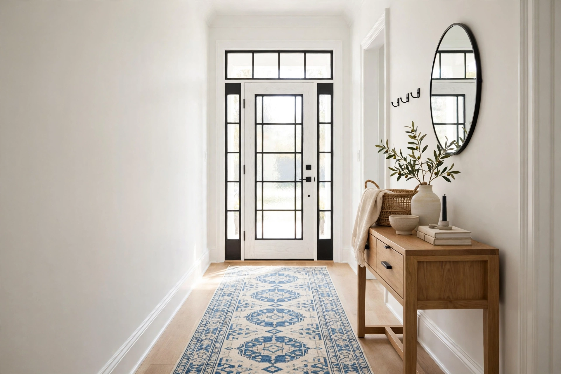 Bright entryway with a long patterned runner rug leading from the front door