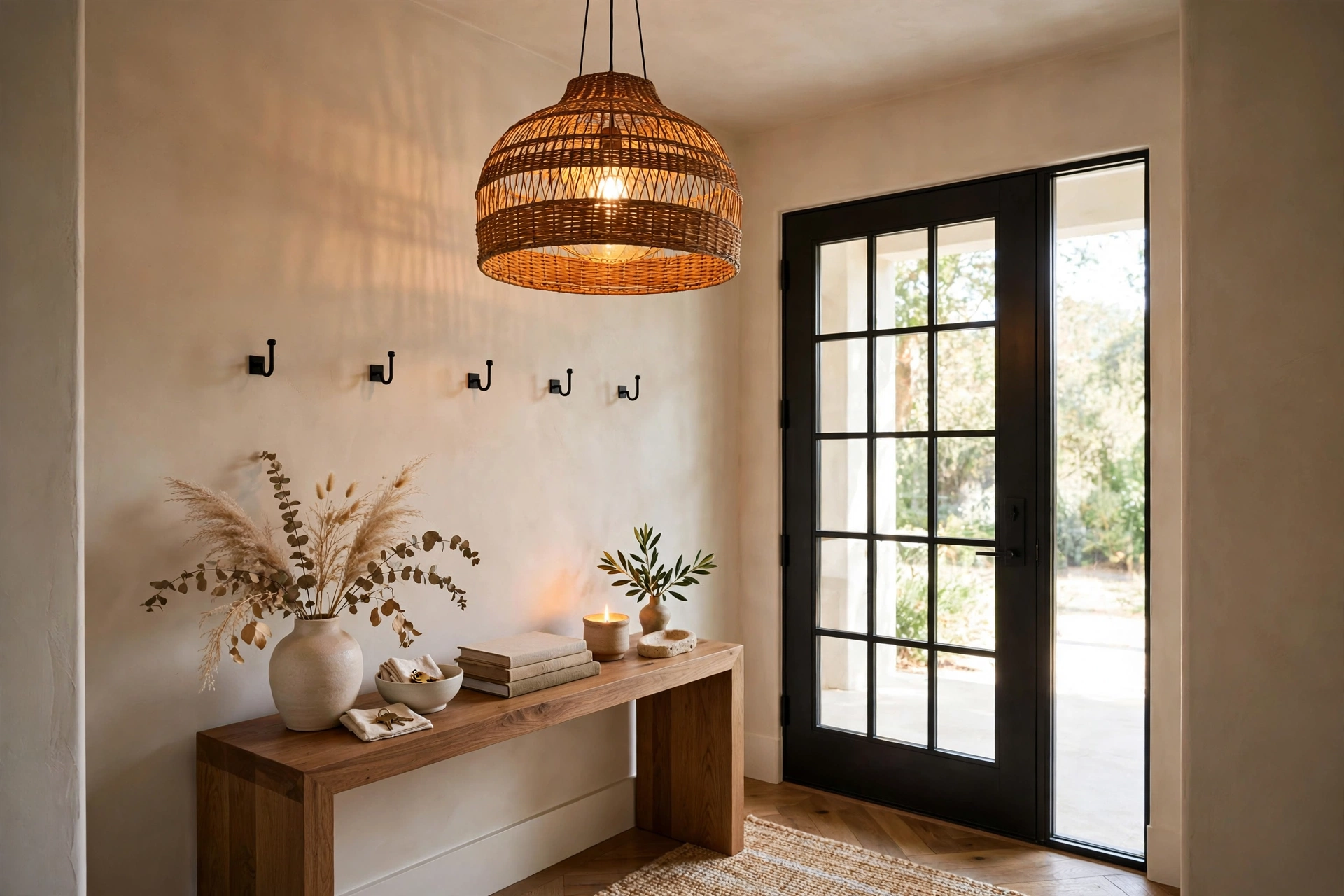 Entryway with a rattan pendant light fixture hanging above a styled foyer