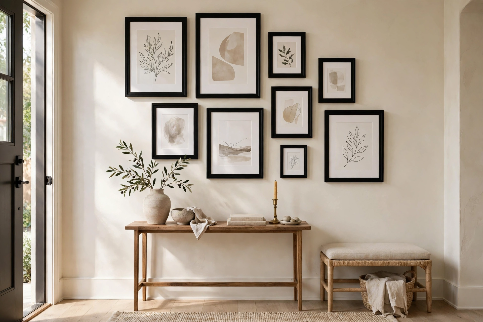 Entryway gallery wall with black framed art prints arranged above a narrow console table