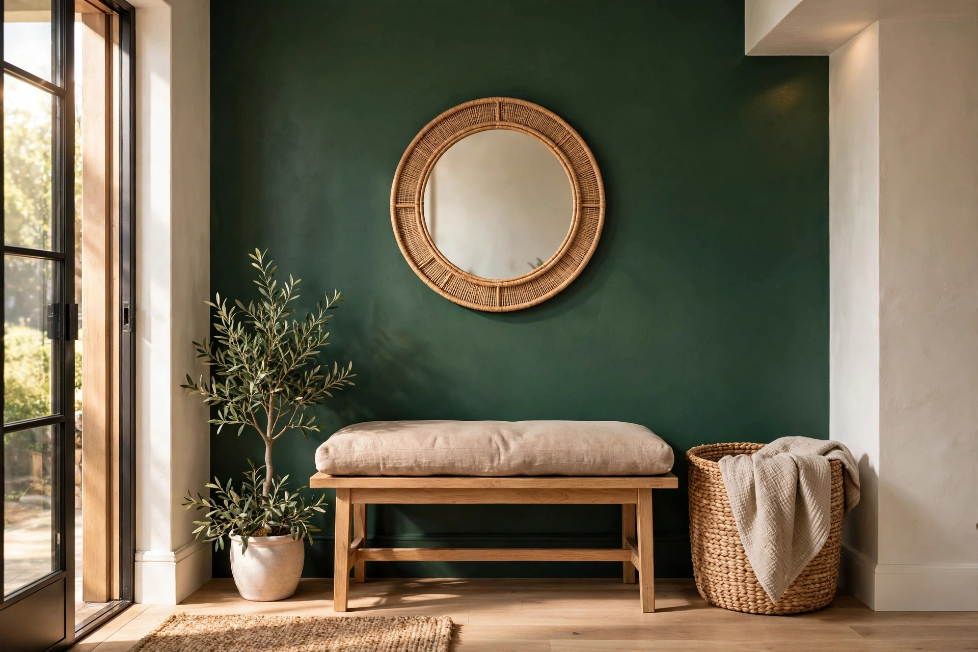 Entryway with a deep forest green painted feature wall behind a wooden bench