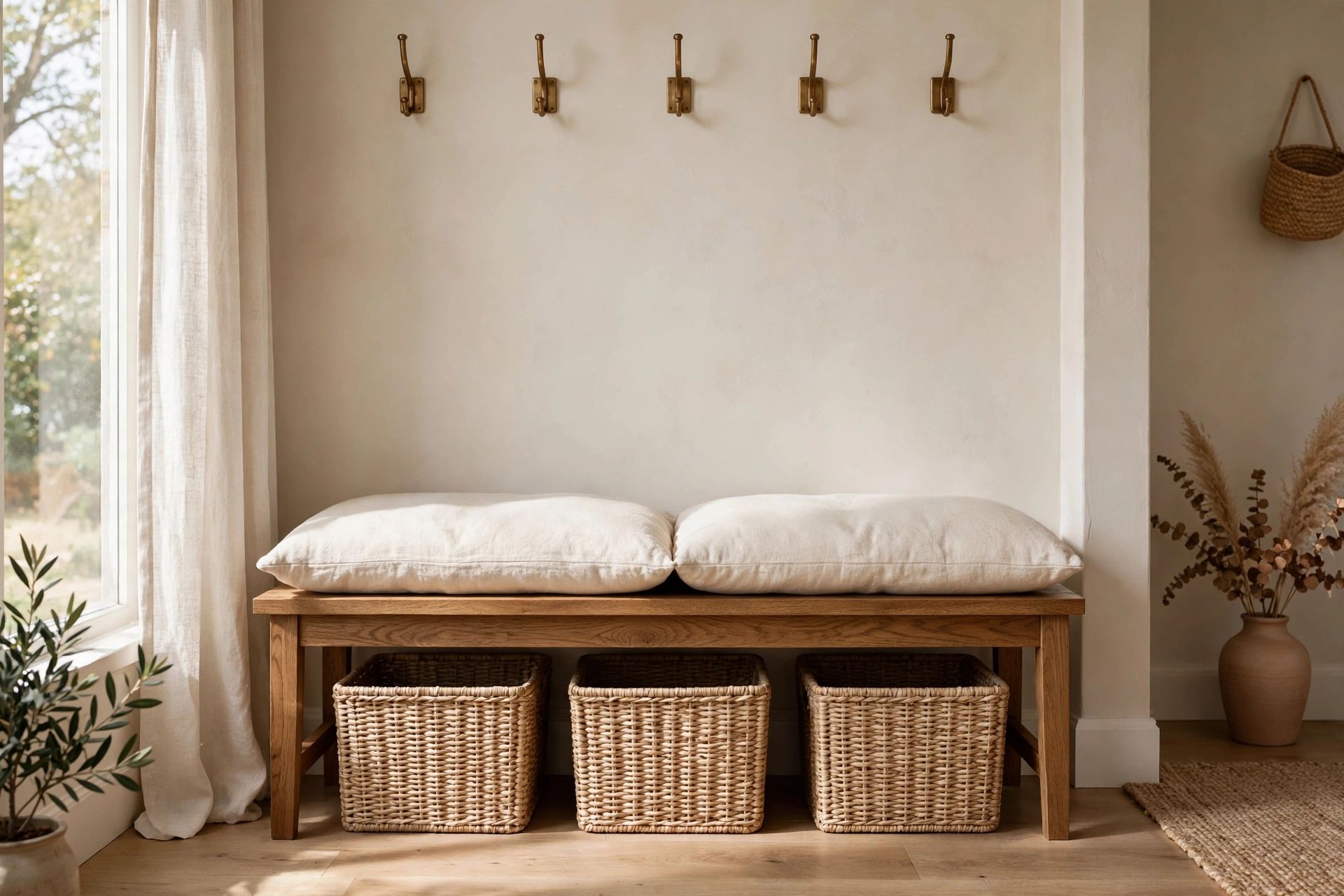 Cozy entryway bench with linen cushions and woven baskets underneath