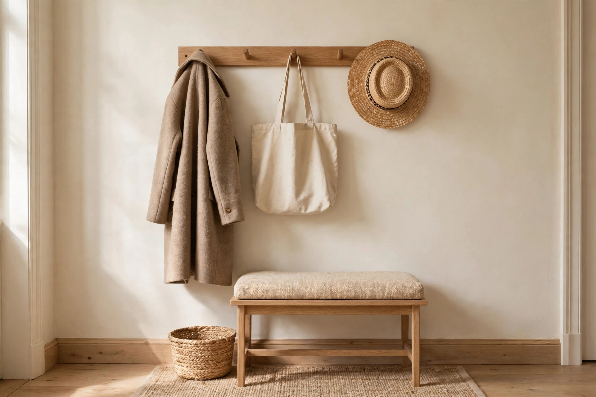 Entryway wall with wooden peg rail holding coats, a tote bag and a sun hat