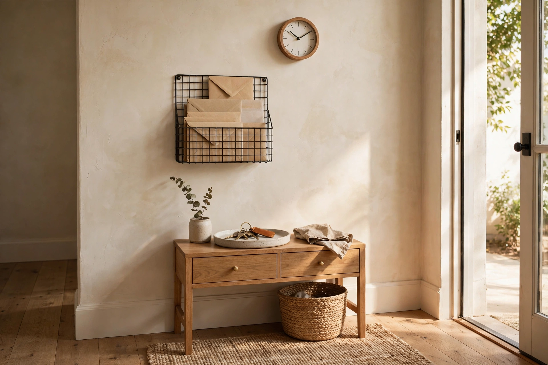 Entryway drop zone with a ceramic tray holding keys, mail sorted in a wall holder and a small clock