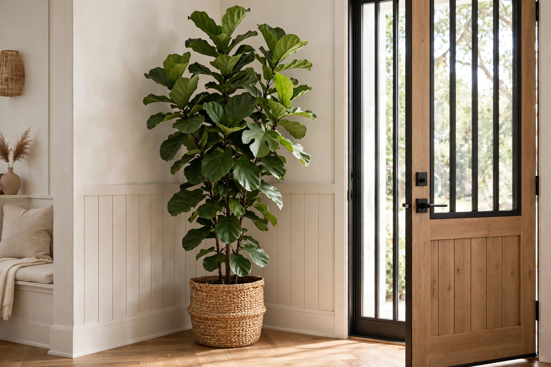 Entryway corner with a tall fiddle leaf fig plant in a woven basket planter