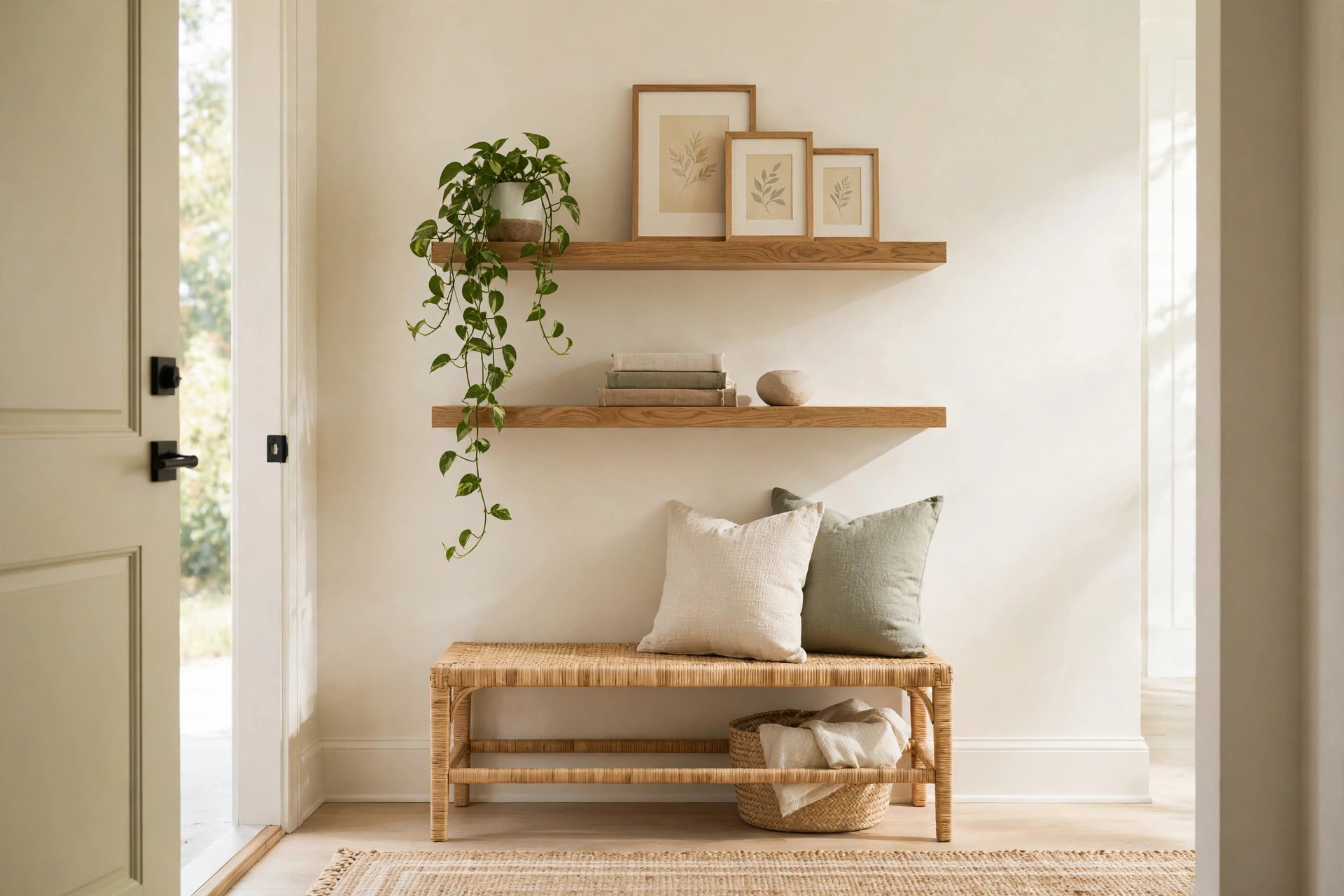 Entryway with oak floating shelves styled with small framed prints, a trailing plant and books