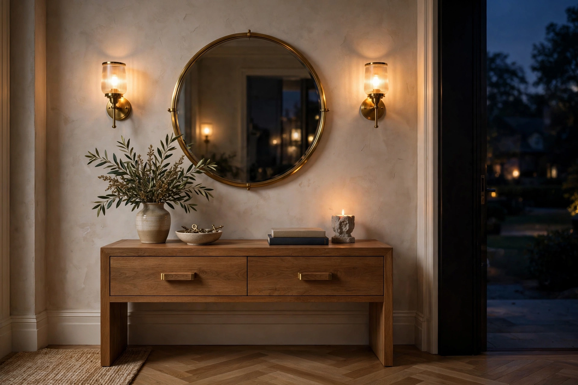 Entryway mirror flanked by two brass wall sconces casting warm light