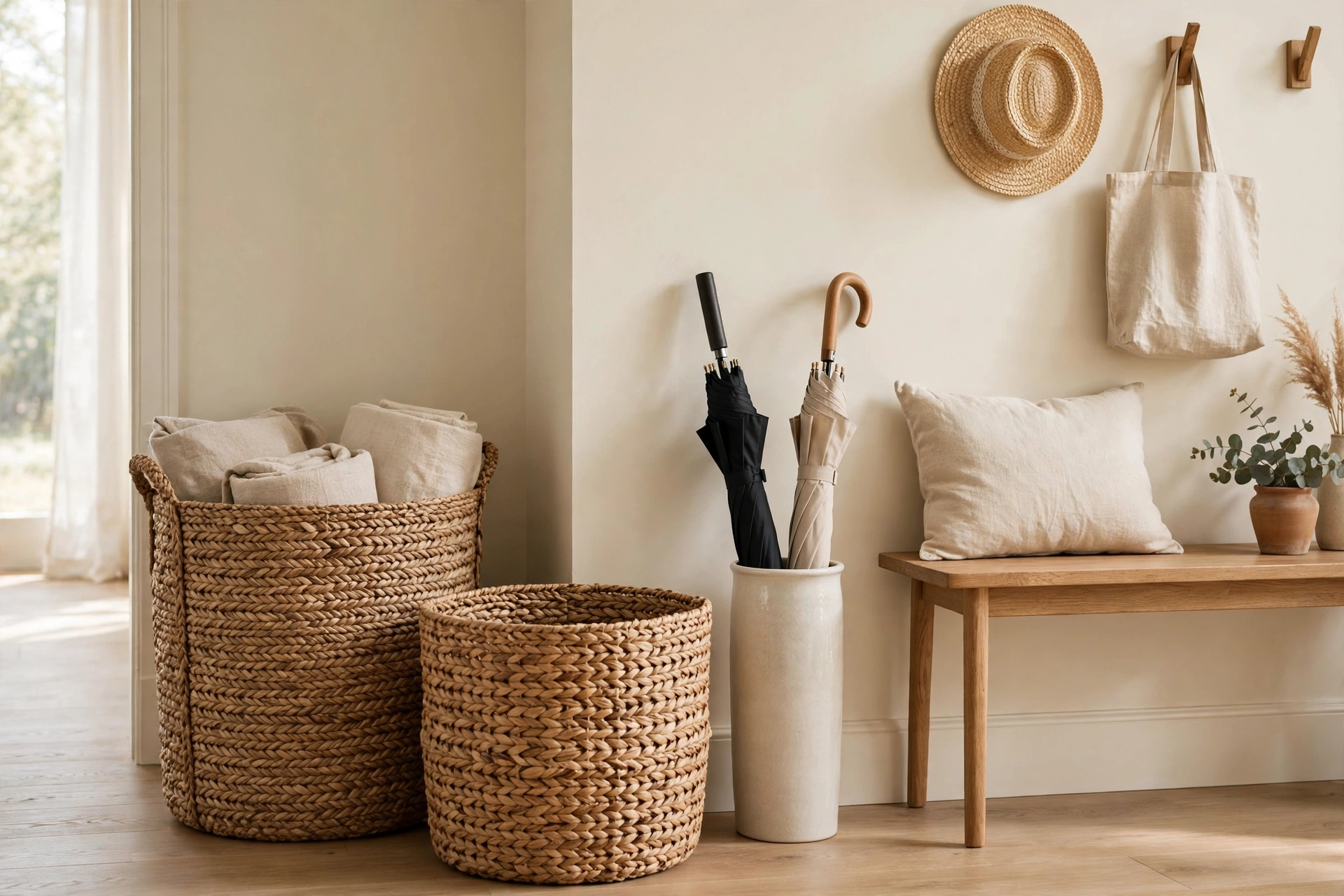 Entryway corner with woven seagrass baskets and a ceramic umbrella stand