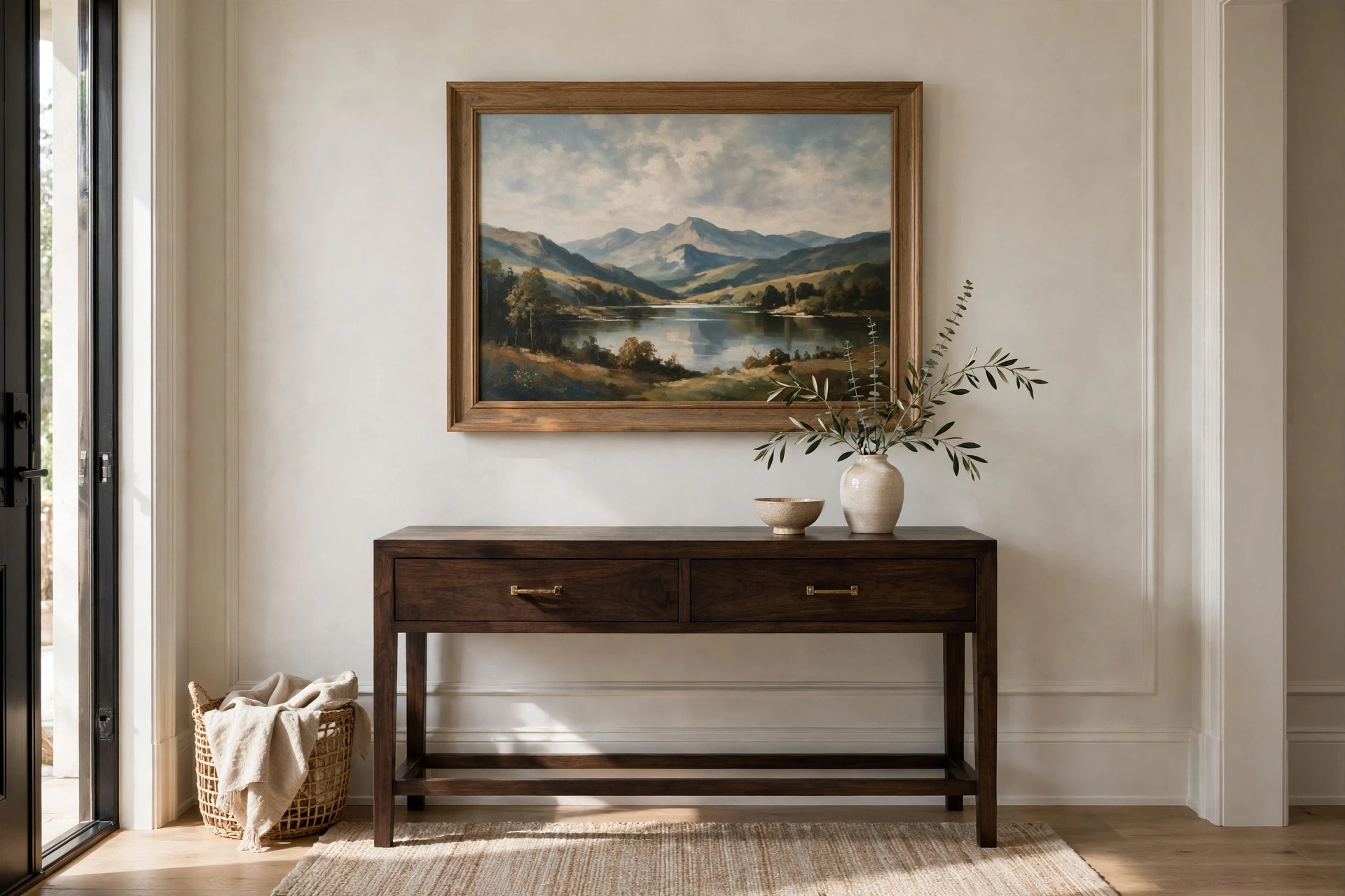 Entryway with a large framed landscape painting above a dark wood console table