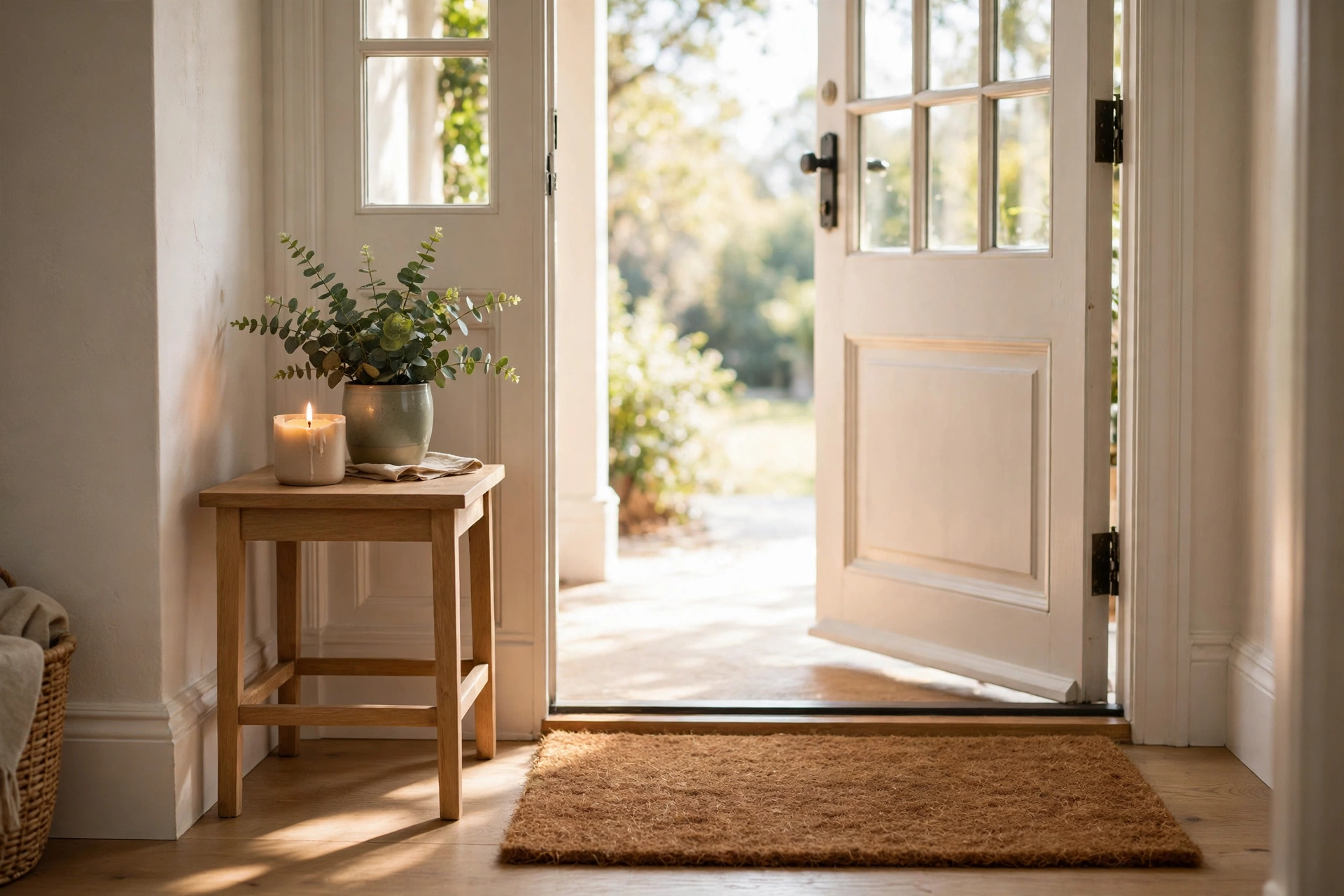 Welcoming entryway doorway with a coir welcome mat and a scented candle on a side table