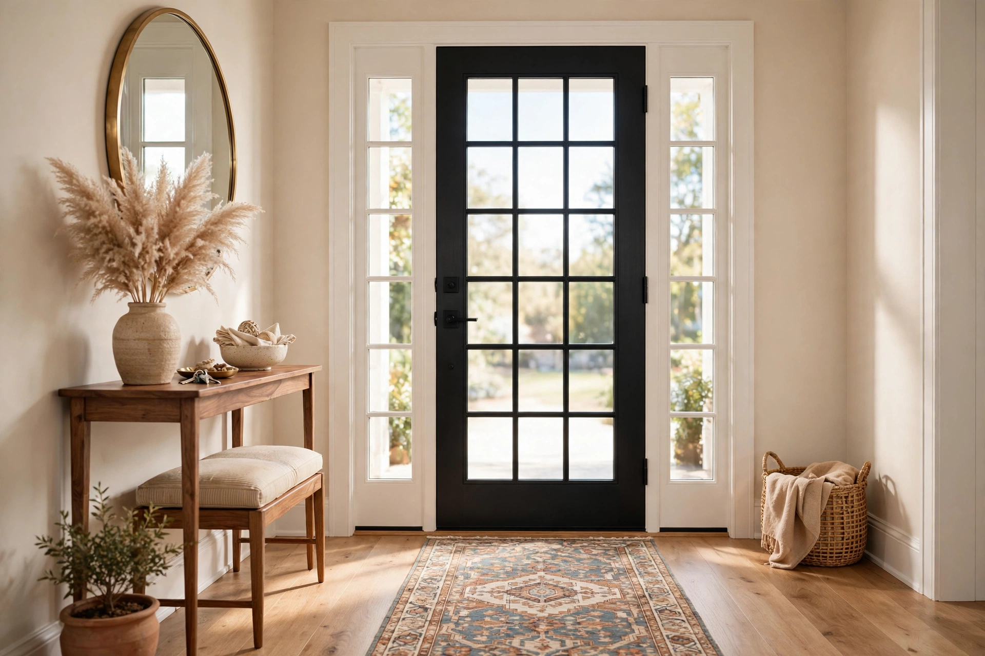 Beautiful and welcoming entryway with a styled console table, round statement mirror and patterned runner rug
