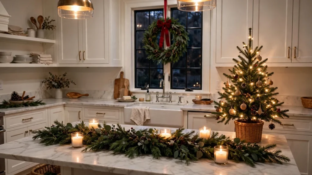 Festive Christmas kitchen decor ideas with a garland island centerpiece, mini Christmas tree on the counter, and a wreath hanging over the farmhouse sink