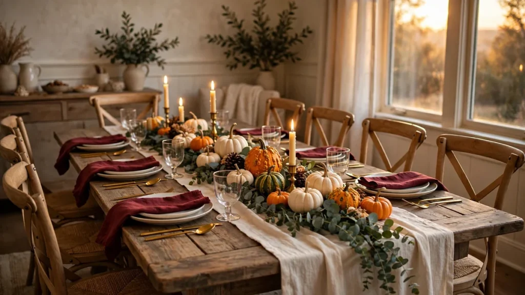 Warm Thanksgiving dining table decorated with pumpkins, candles, and fall foliage