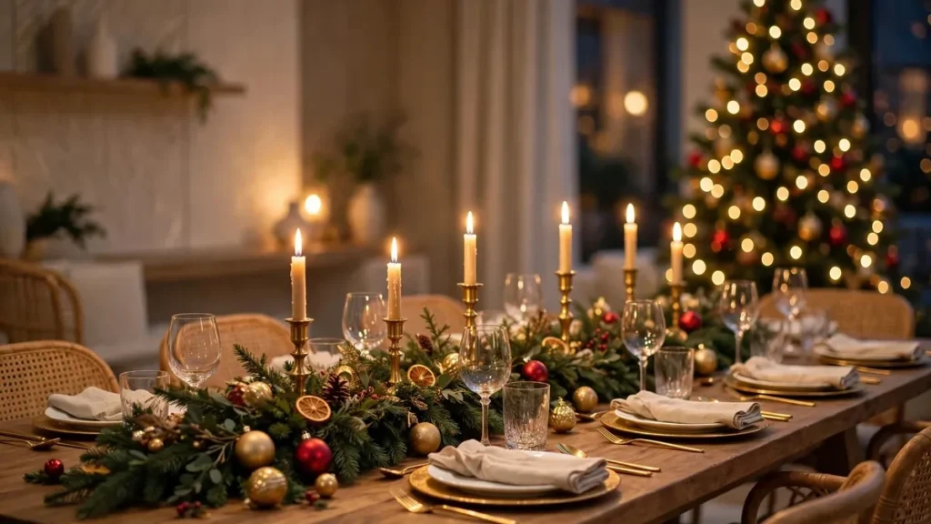 Christmas dining table decor ideas — magical holiday table with an evergreen garland runner, glowing brass candles, and red and gold ornaments