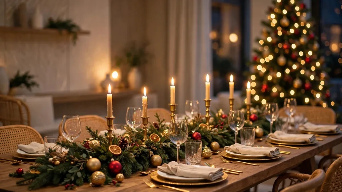 Christmas dining table decor ideas — magical holiday table with an evergreen garland runner, glowing brass candles, and red and gold ornaments