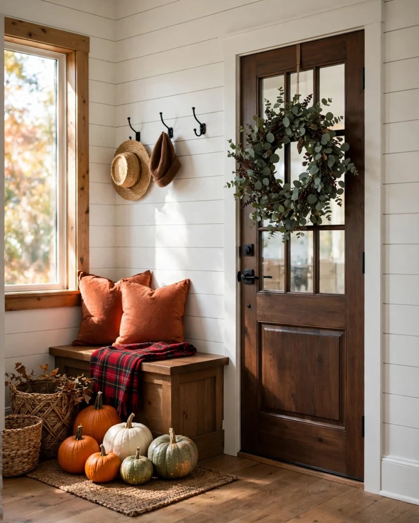 Cozy mudroom decorated for fall with plaid throw on bench, pumpkins, wreath and warm lighting