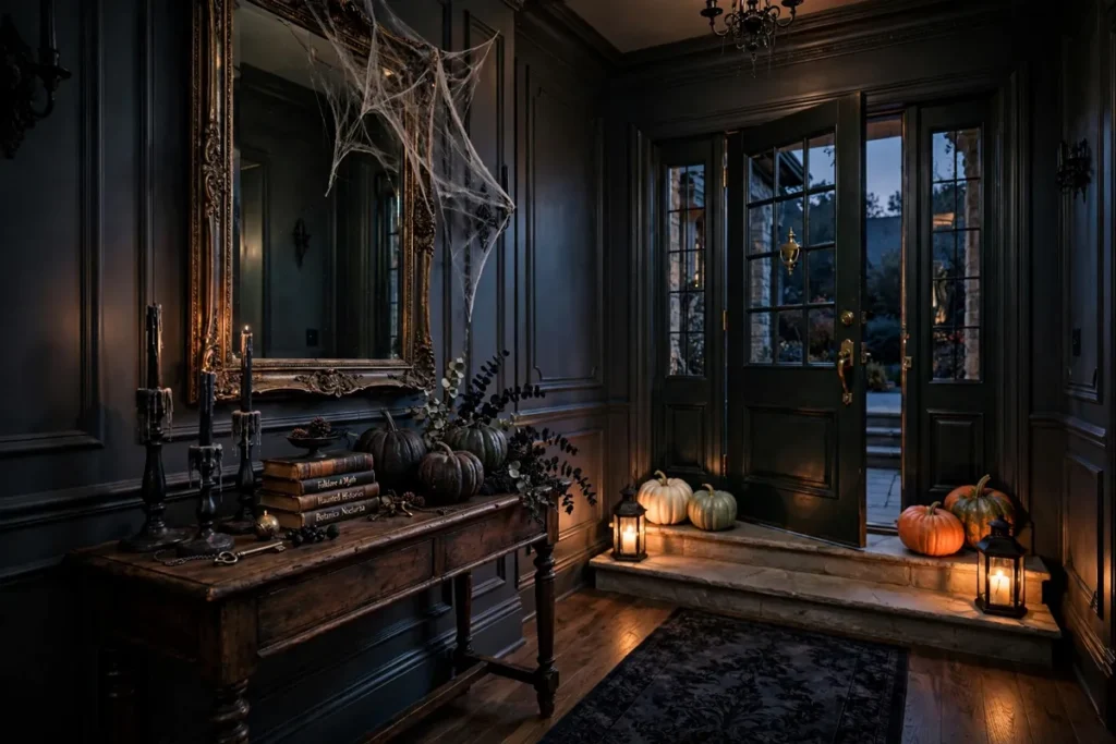 Spooky-stylish Halloween entryway decor ideas with pumpkins, lanterns, and gothic accents in a foyer