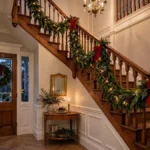 Christmas staircase decorated with a stunning lush evergreen garland, warm white lights, and red bows on the banister