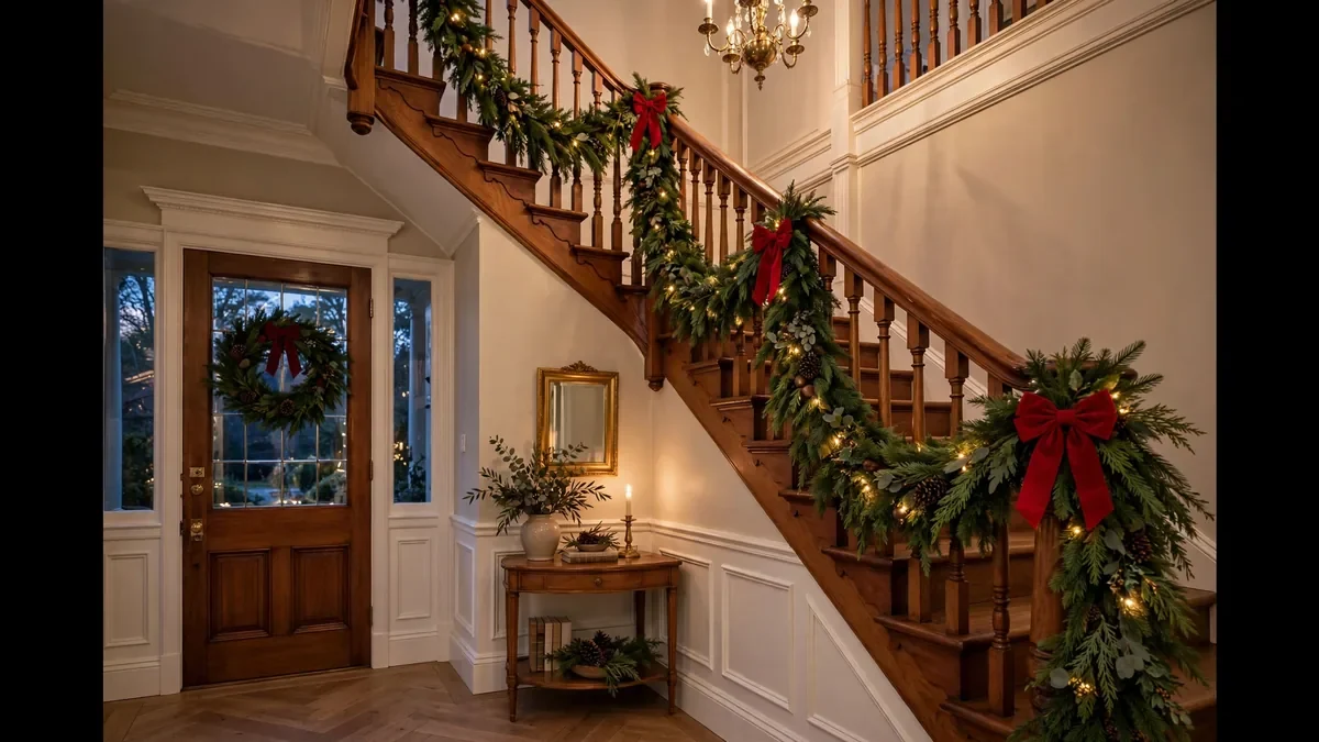 Christmas staircase decorated with a stunning lush evergreen garland, warm white lights, and red bows on the banister