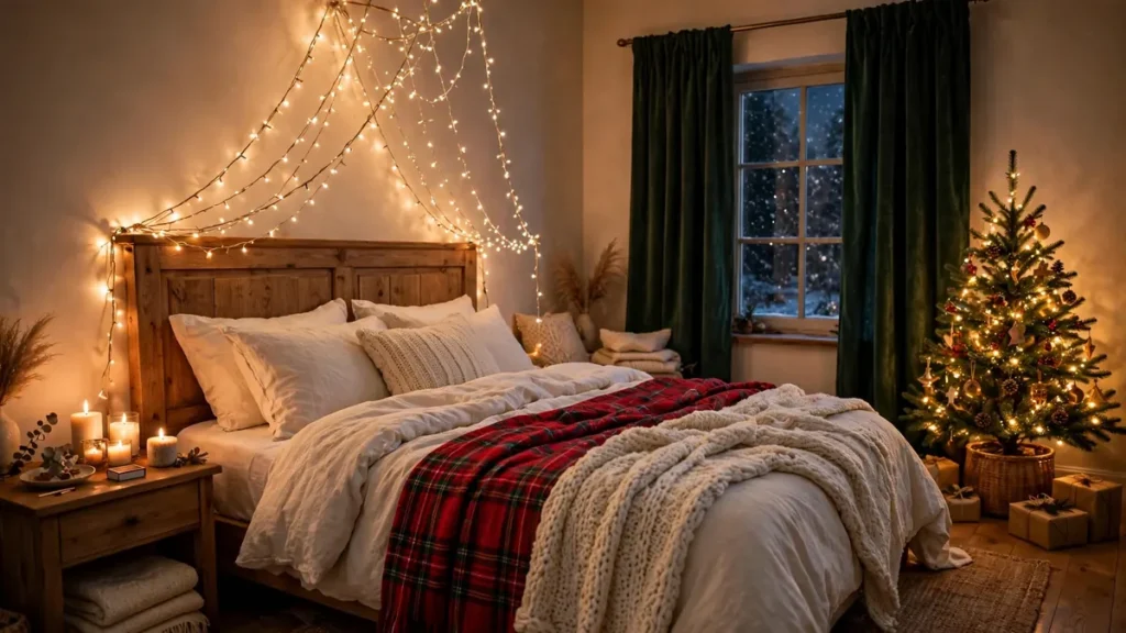 Cozy Christmas bedroom with warm fairy lights draped over the headboard, plaid throw blanket, and a small decorated tree in the corner