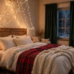 Cozy Christmas bedroom with warm fairy lights draped over the headboard, plaid throw blanket, and a small decorated tree in the corner