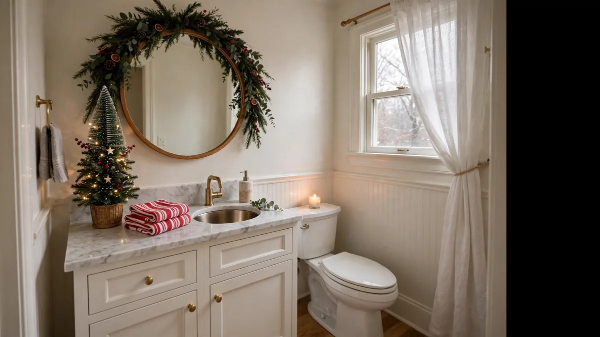 Festive Christmas powder room with mini tree, garland, and warm holiday decor