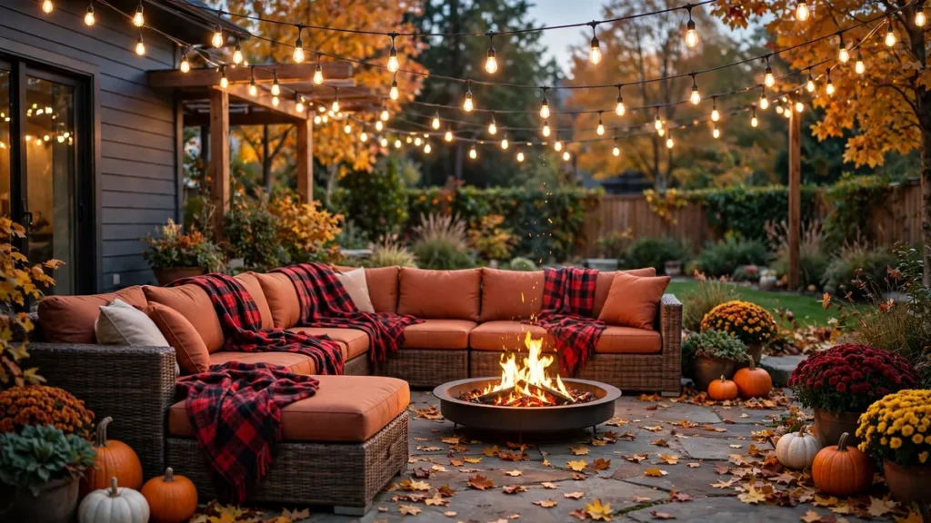 Cozy fall patio decor ideas: sectional with rust cushions, fire pit, and string lights at dusk