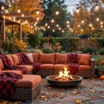 Cozy fall patio decor ideas: sectional with rust cushions, fire pit, and string lights at dusk