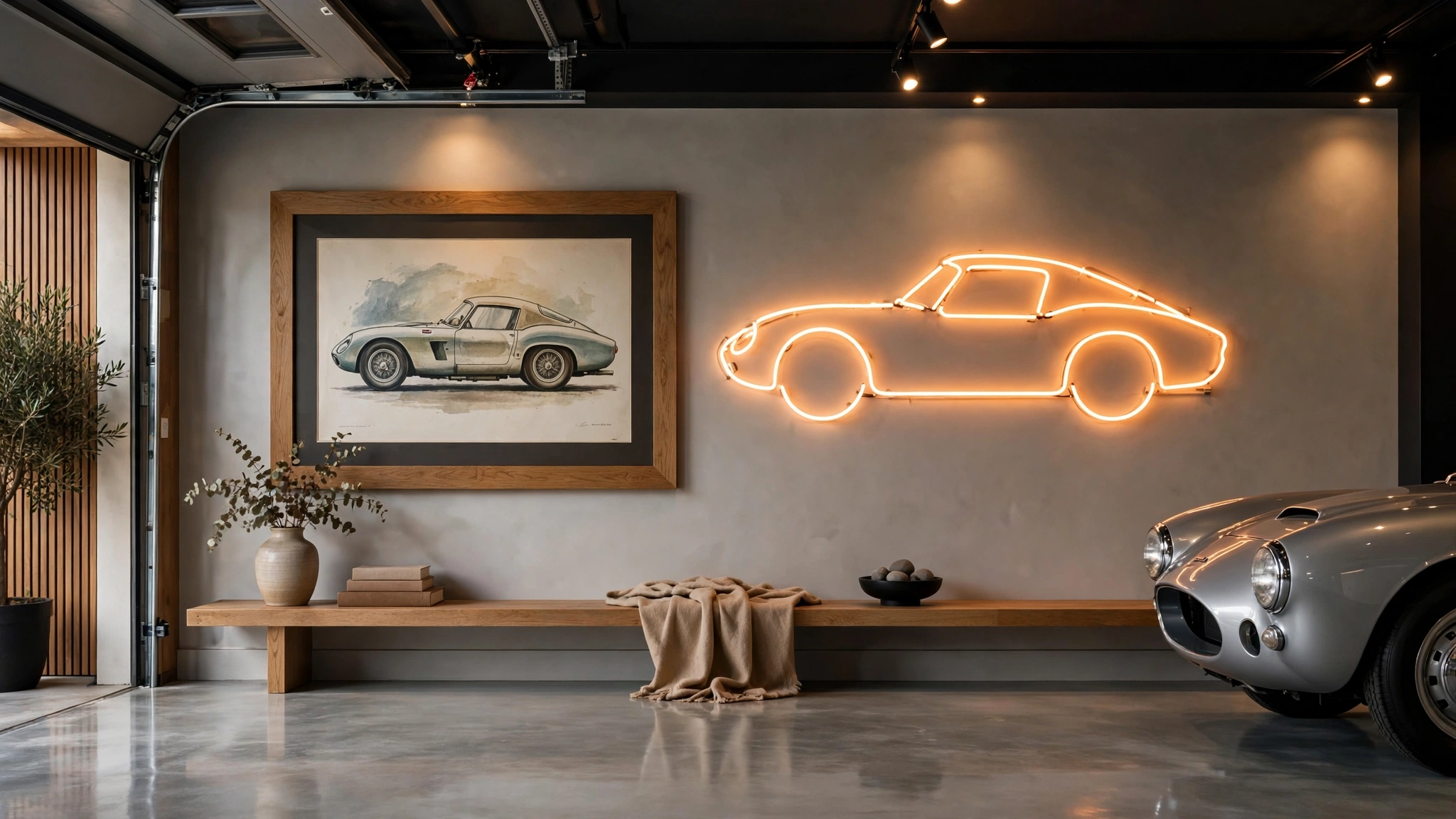 Automotive wall art and vintage signage hung on a clean garage wall