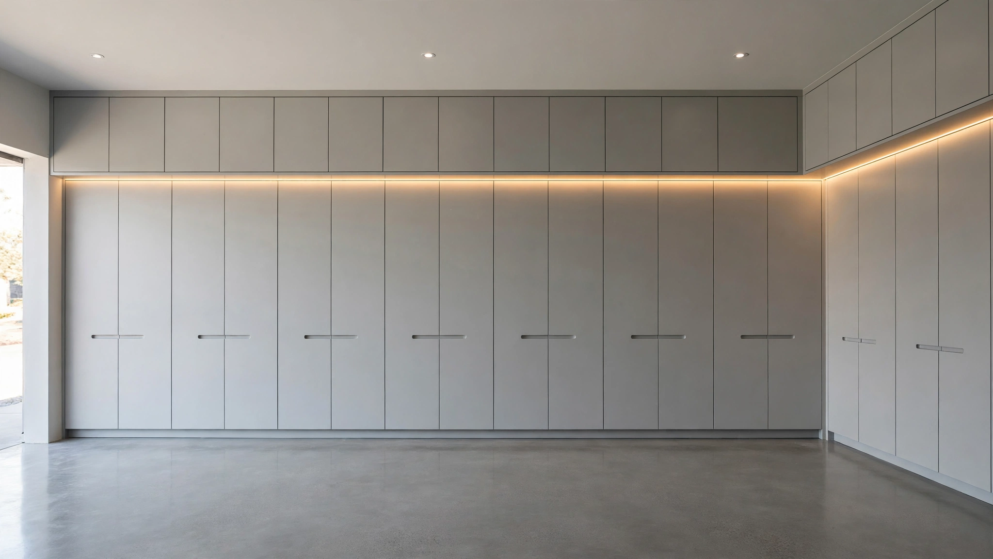 Furniture-grade built-in garage cabinets with a clean handleless design