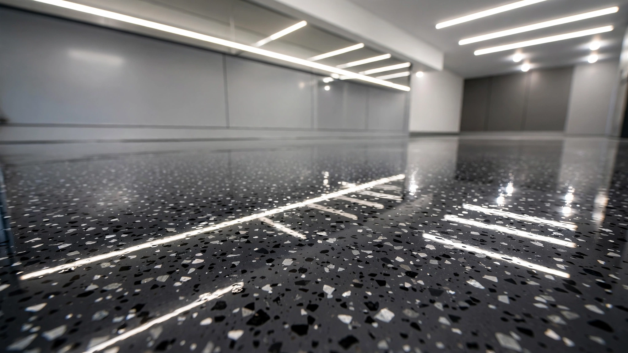 Garage floor finished in glossy charcoal epoxy that reflects the overhead lighting