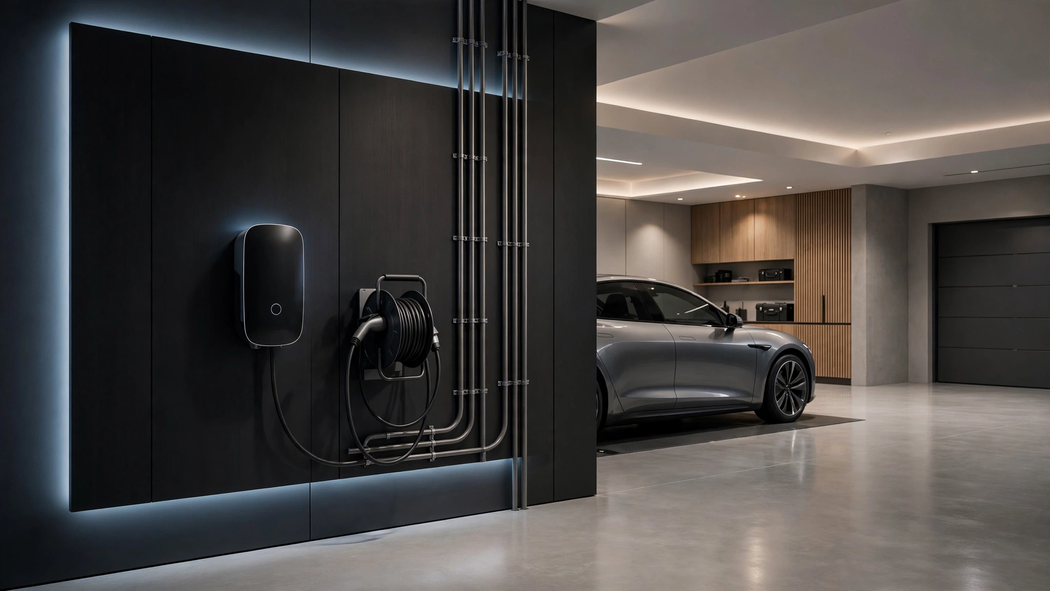 Wall-mounted EV charging station styled as a design feature in a modern garage