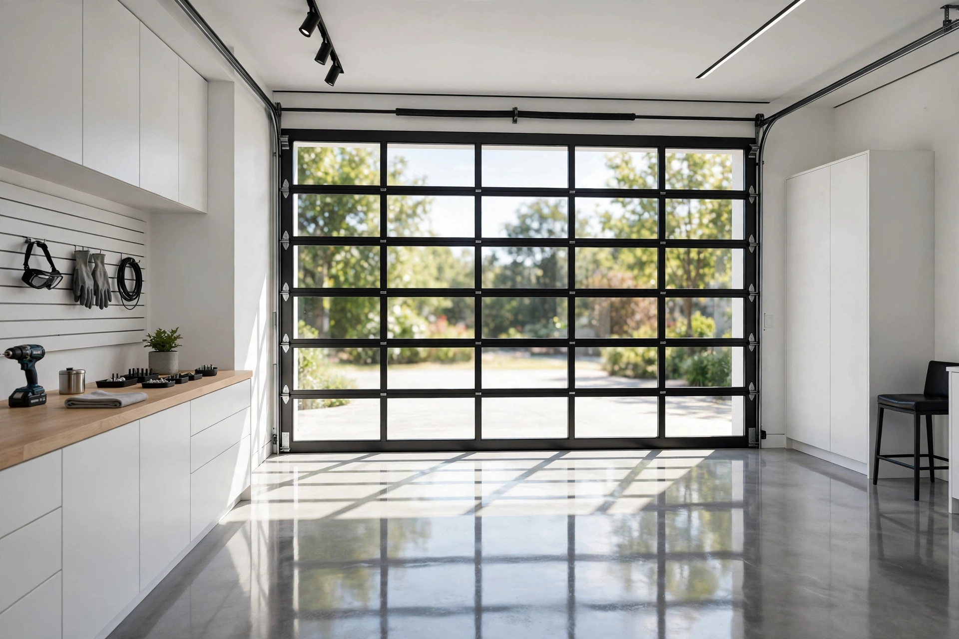 Glass-paneled overhead garage doors flooding a modern garage with daylight