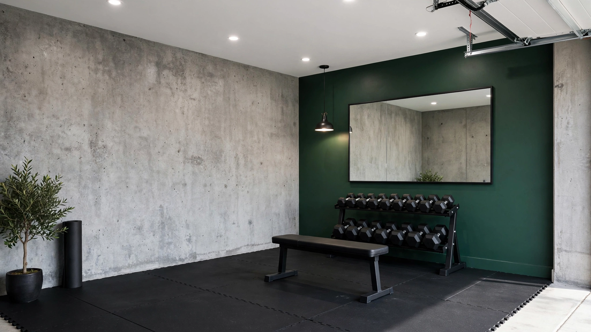 Home gym zone carved out of a garage with rubber flooring and weight equipment