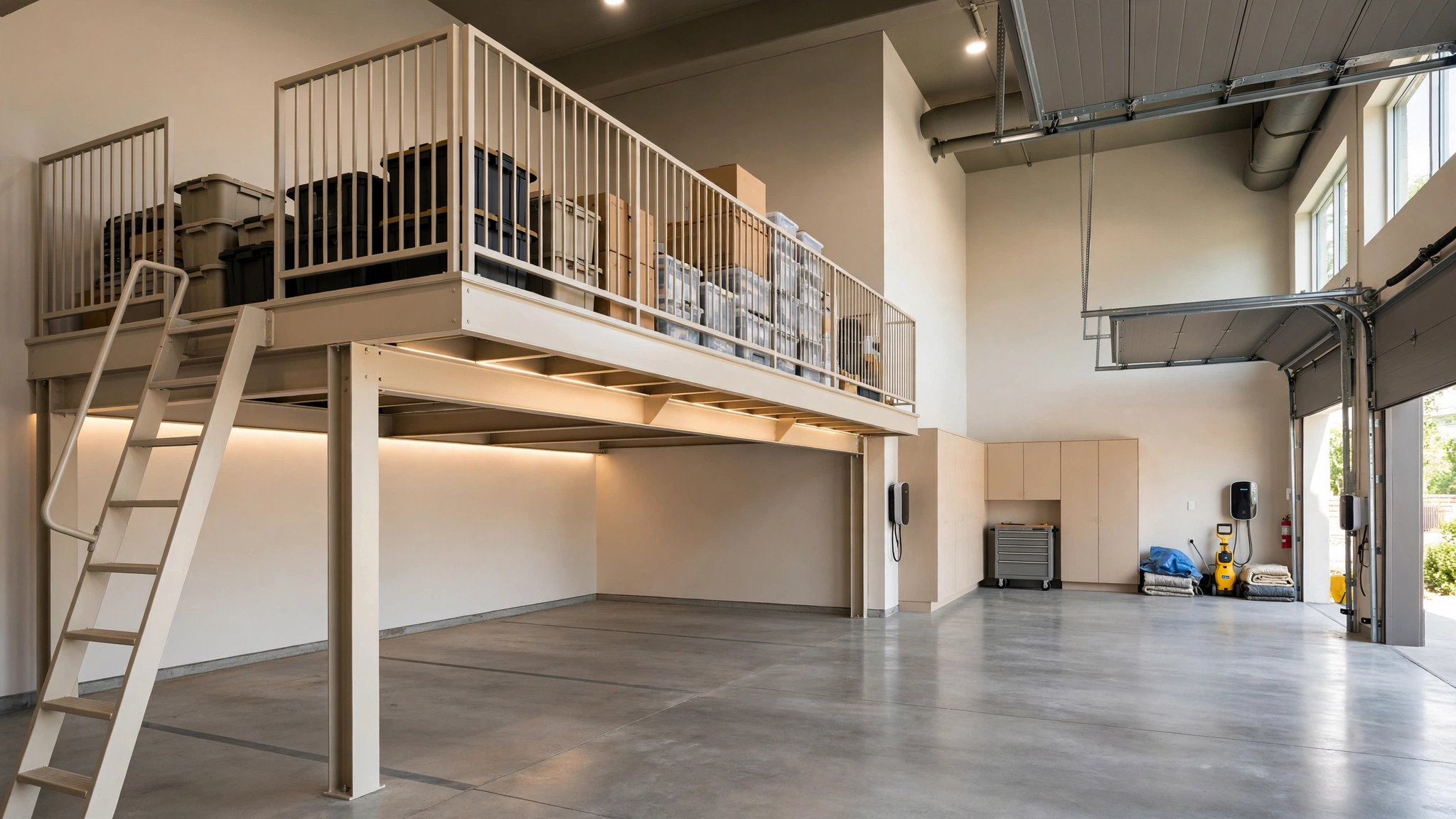 Finished garage loft mezzanine used as a bright reading nook with storage below