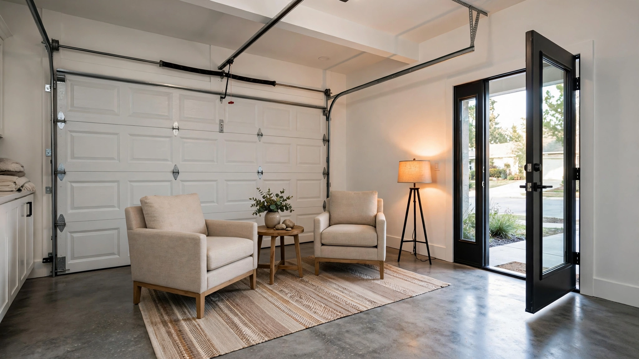 Cosy lounge corner inside a garage with an armchair, rug and floor lamp