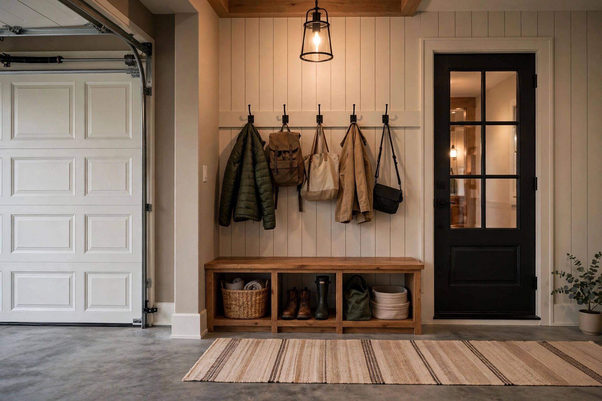 Mudroom-style entry zone inside a garage with bench, hooks and shoe storage