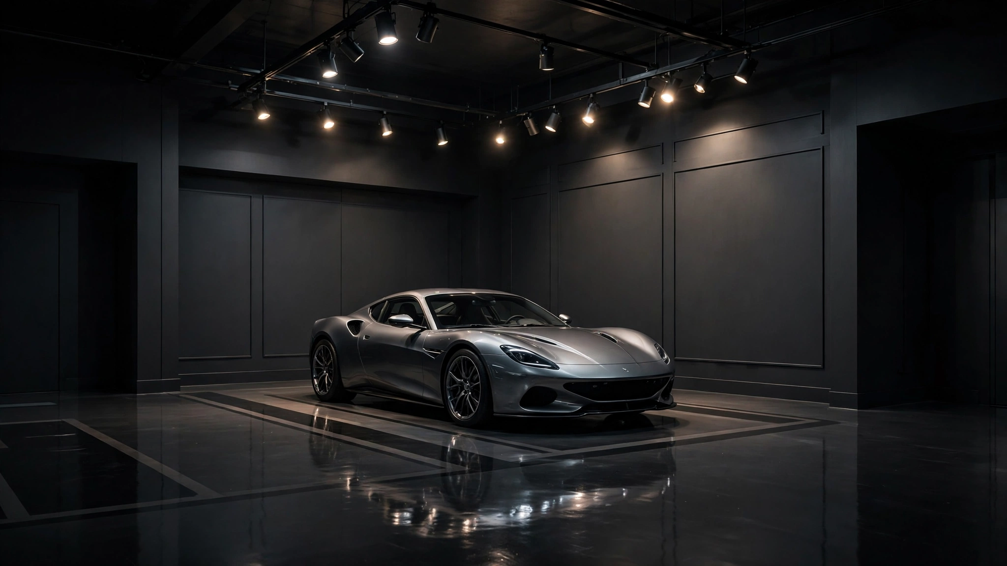 Car parked in a showroom-style garage corner with spotlighting and polished floors