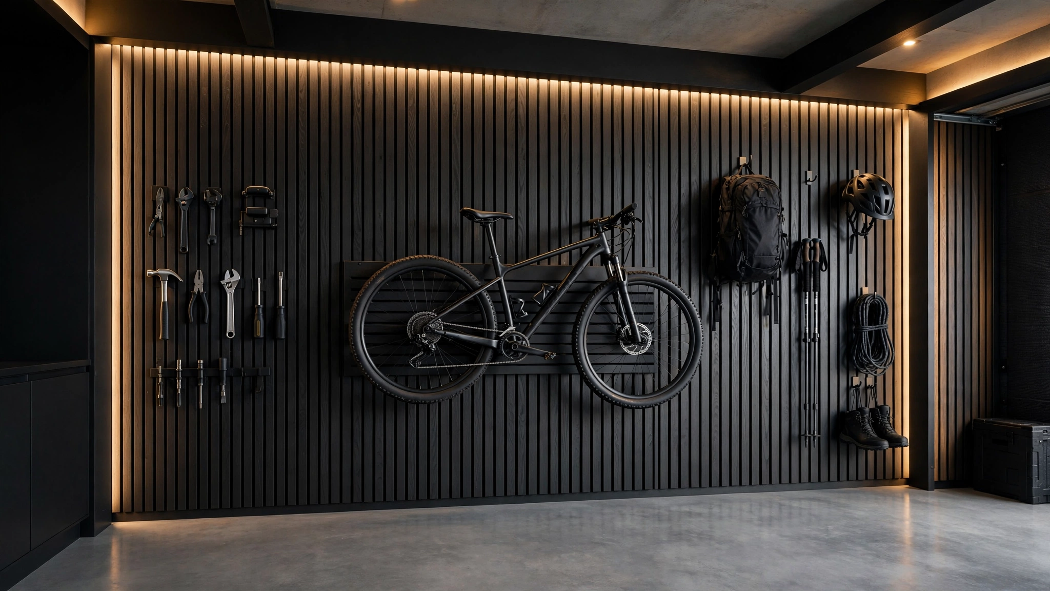 Designer slatwall feature wall holding neatly arranged garage tools and gear