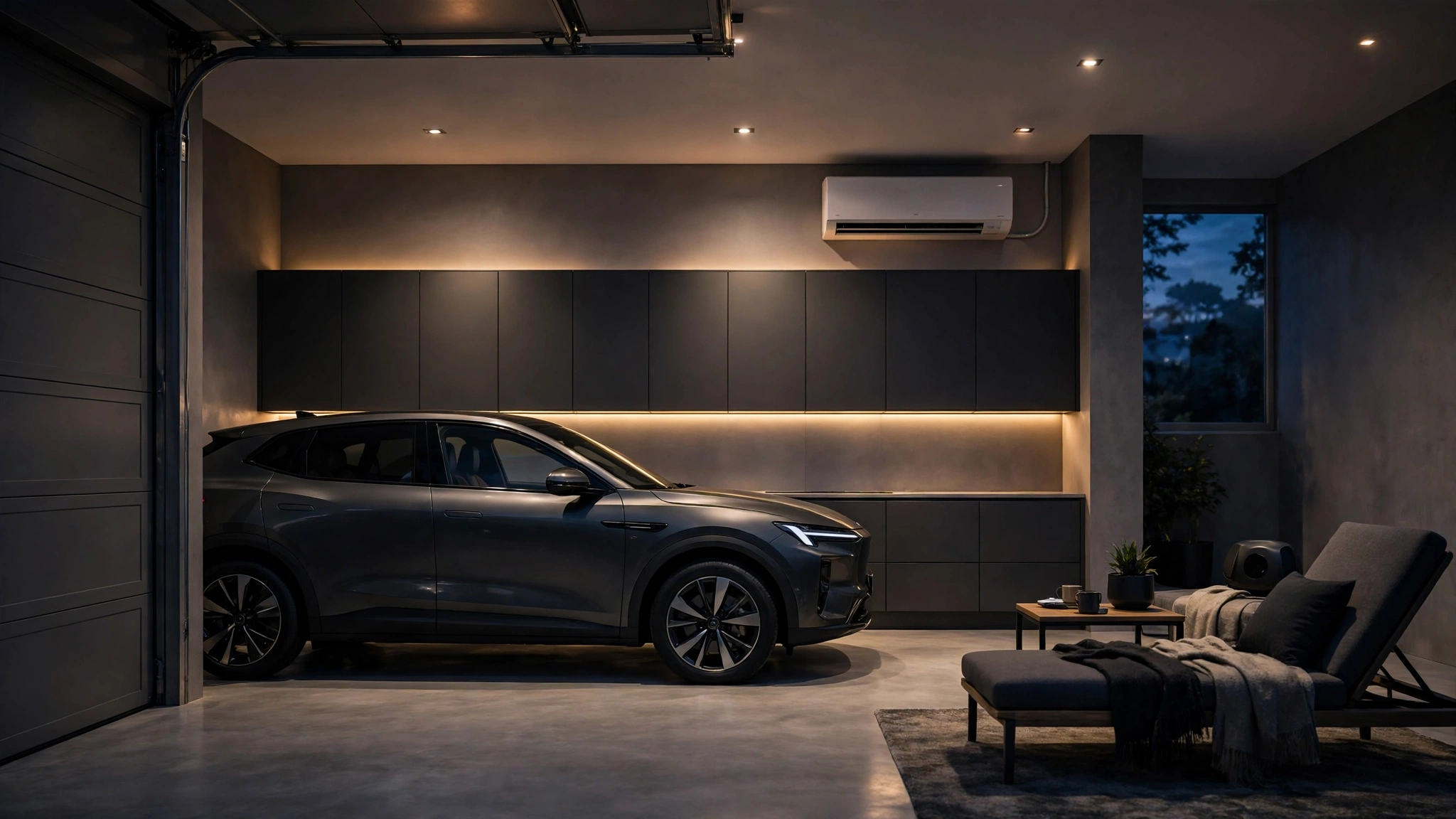Modern garage with smart lighting scenes and climate control panel on the wall