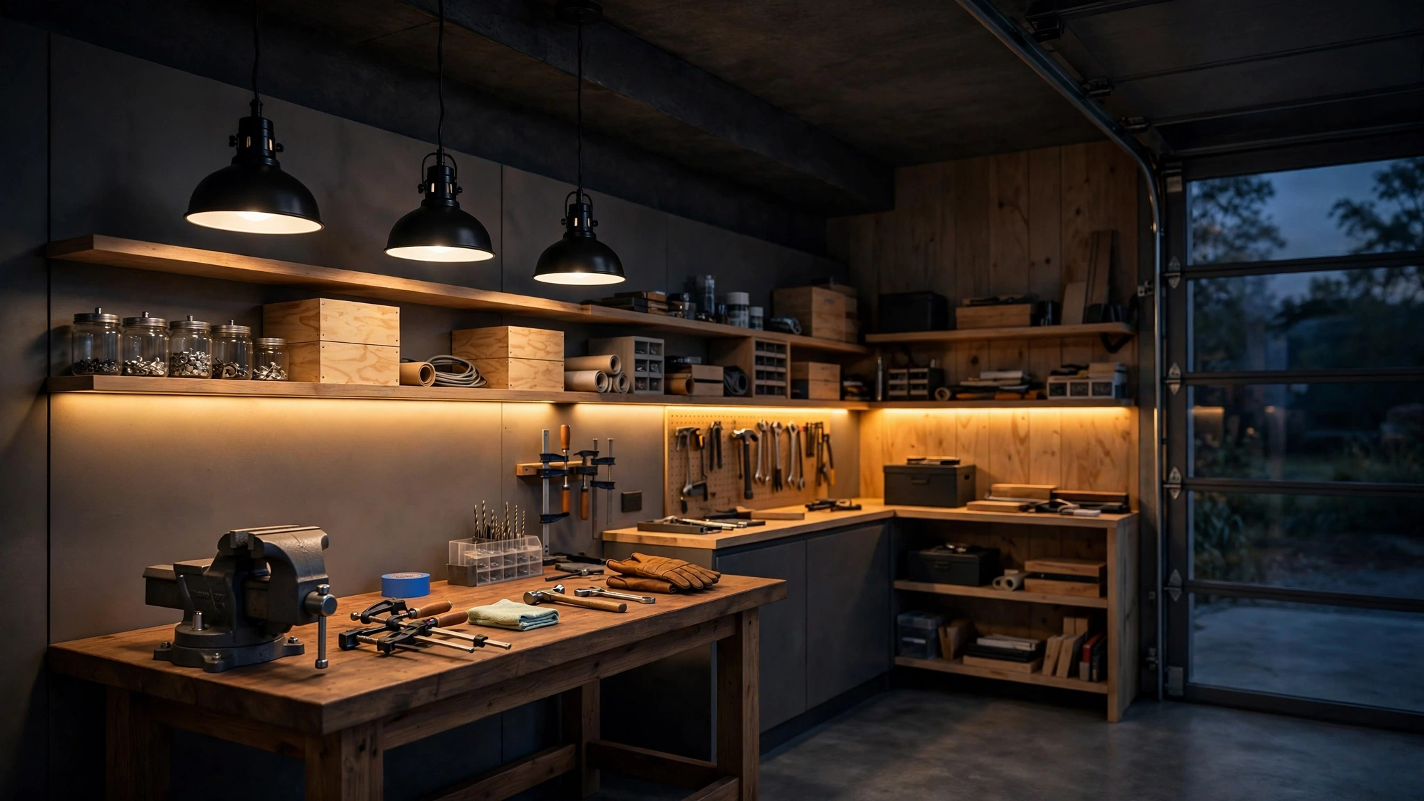 Row of black pendant lights hanging over a clean, modern garage workspace
